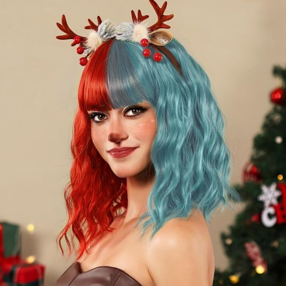 Women's Red Green 14 Inch Short Pastel Wavy Curly Shoulder Length Synthetic Wig